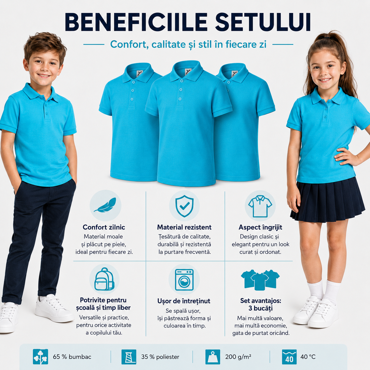 Prezentare tricouri polo copii pentru scoala baieti si fete diferite culori